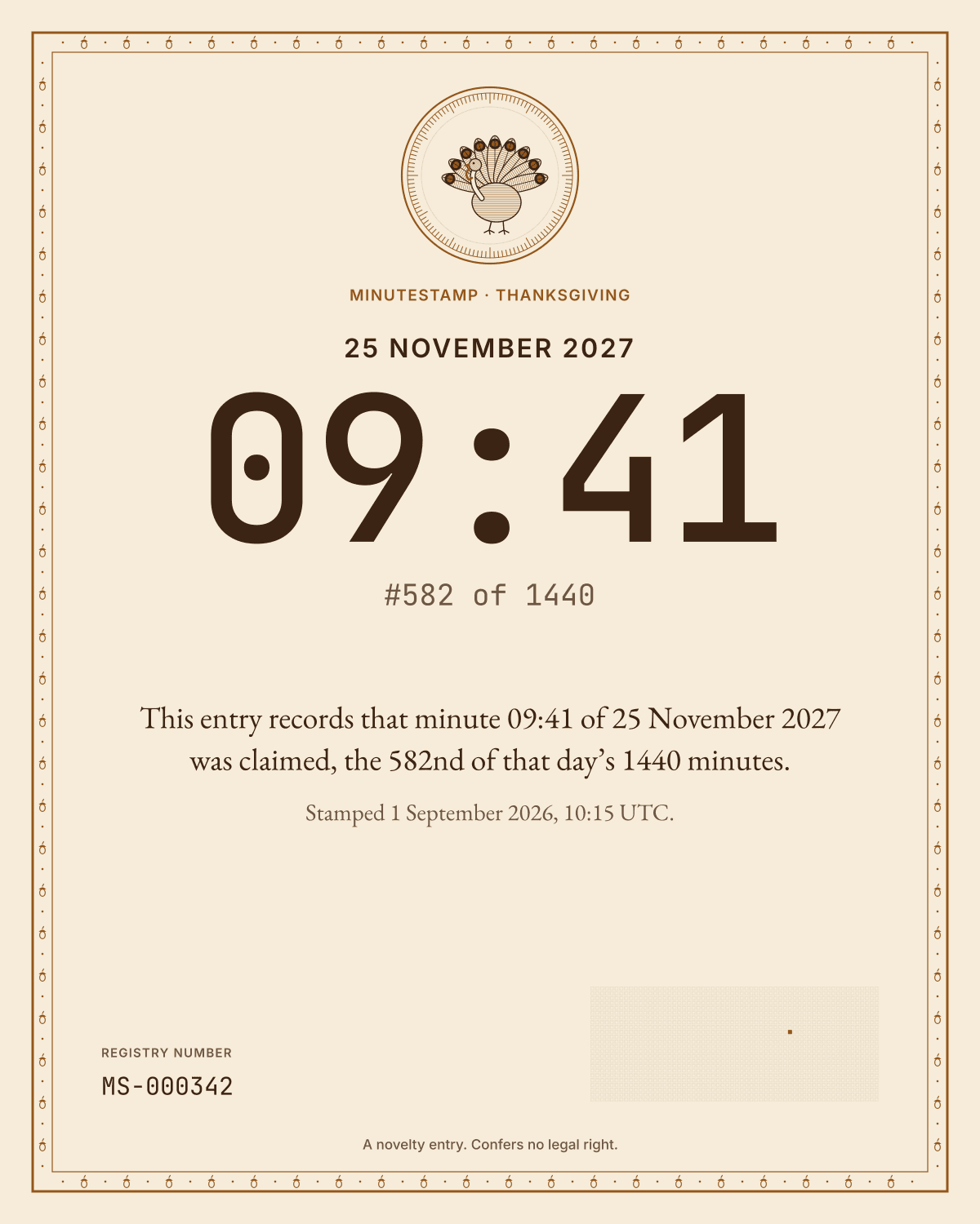 Sample certificate, Thanksgiving (United States), in English, printed without a name