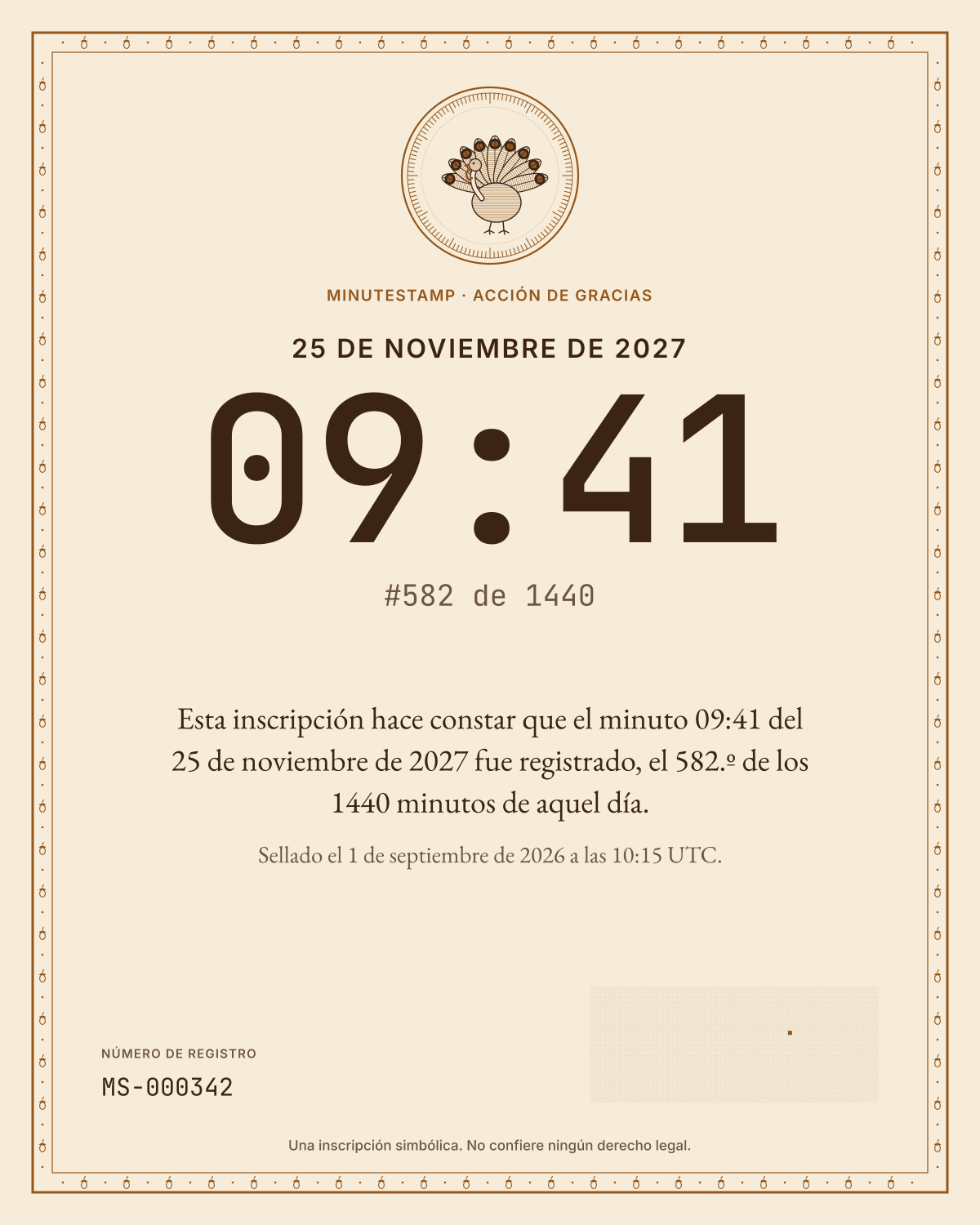 Certificado de ejemplo, Acción de Gracias (Estados Unidos), en español, impreso sin nombre
