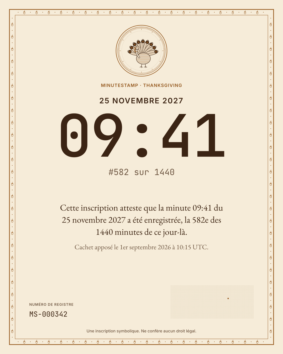 Exemple de certificat, Thanksgiving (États-Unis), en français, imprimé sans nom